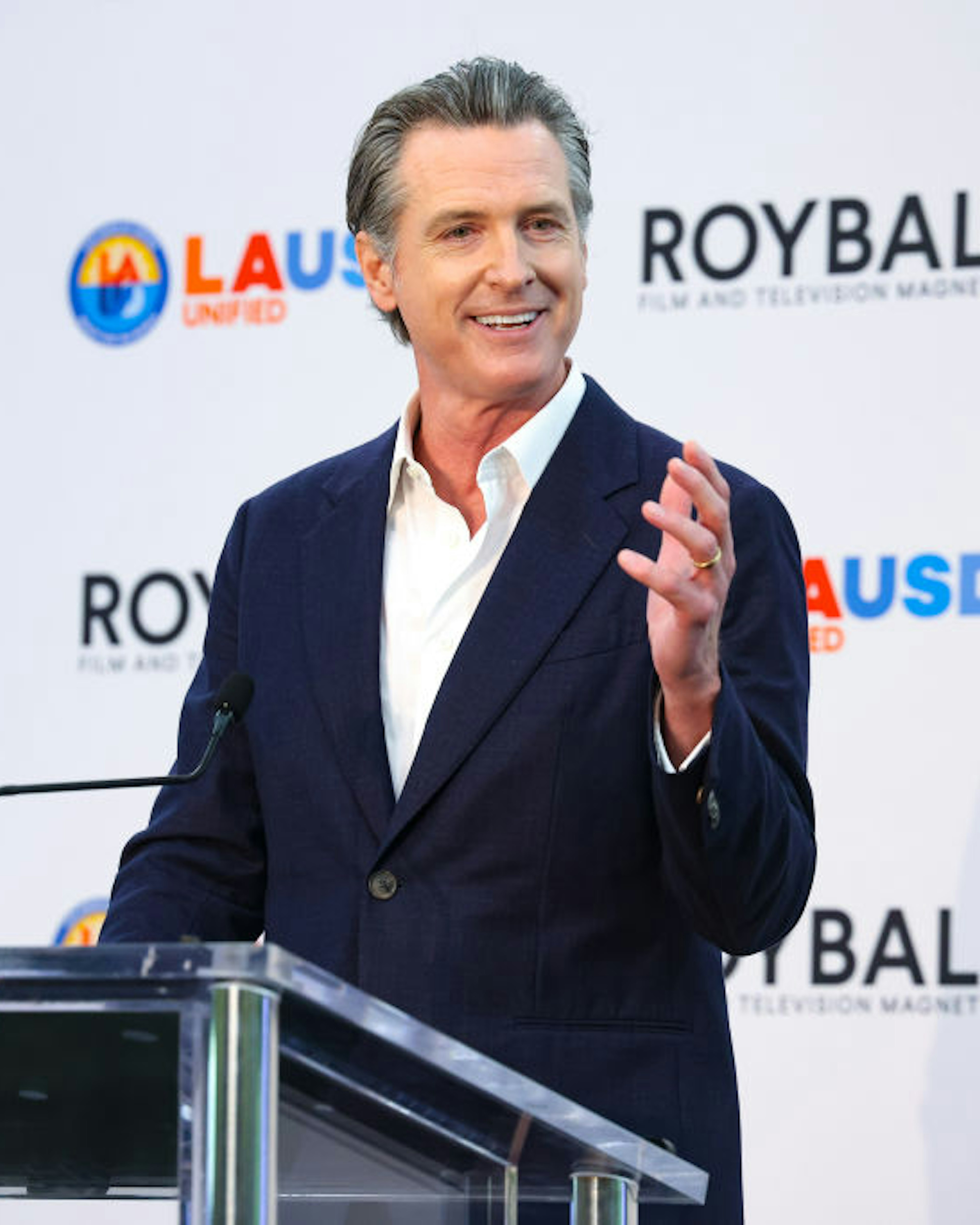 LOS ANGELES, CALIFORNIA - OCTOBER 13: Governor Gavin Newsom attends a pep rally to celebrate the second year of the Roybal Film and Television Production School on October 13, 2023 in Los Angeles, California. (Photo by Randy Shropshire/Getty Images for Entertainment Industry Foundation)