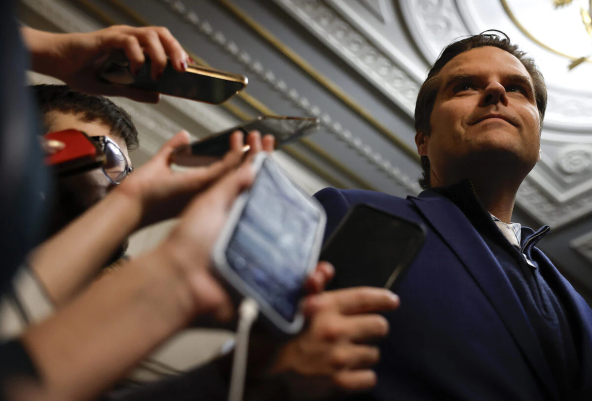 U.S. Rep. Matt Gaetz (R-FL) speaks to reporters as he leaves a House Republican candidates forum where congressmen who are running for Speaker of the House presented their platforms in the Longworth House Office Building on Capitol Hill on October 23, 2023 in Washington, DC.