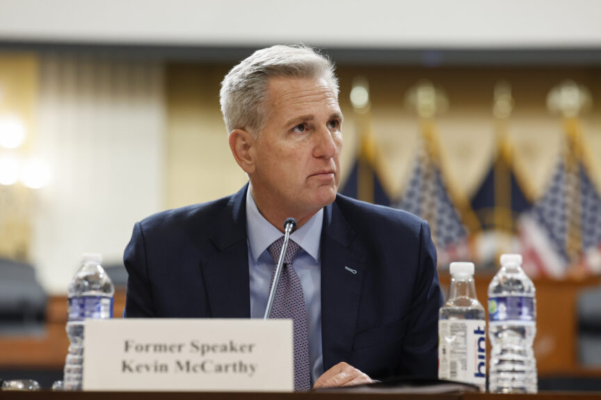 Former Speaker of the House Rep. Kevin McCarthy (R-CA) listens during a press conference with members of the House Select Committee on the Chinese Communist Party at the Cannon House Office Building on November 15, 2023 in Washington, DC.