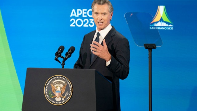 SAN FRANCISCO, CA - NOVEMBER 15: California Governor Gavin Newsom speaks during a welcome reception for leaders attending the Asia-Pacific Economic Cooperation (APEC) Leaders' Week at the Exploratorium on November 15, 2023 in San Francisco, California.