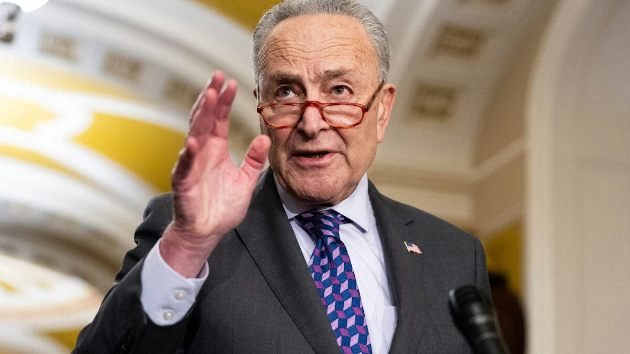 Senate Majority Leader Chuck Schumer, D-N.Y., speaks during the Senate Democrats' news conference in the Capitol on Tuesday, November 28, 2023.
