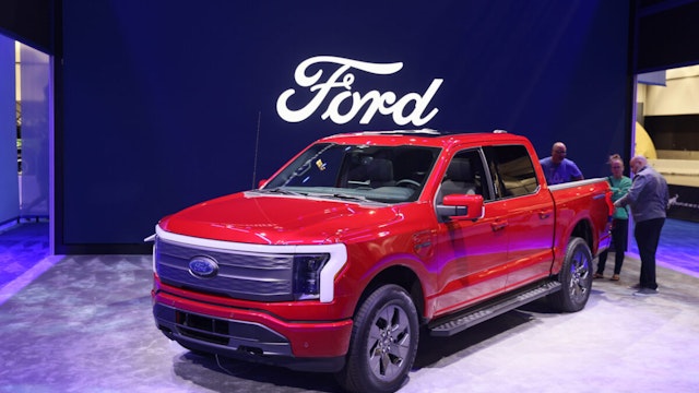 LOS ANGELES, CALIFORNIA - NOVEMBER 24: The Ford F-150 Lightning is displayed during the 2023 Los Angeles Auto Show at the Los Angeles Convention Center on November 24, 2023 in Los Angeles, California. This year’s edition of the Los Angeles Auto Show includes a range of new SUV models.