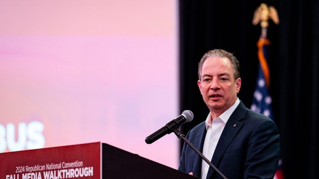Reince Priebus, chairman of the Milwaukee 2024 Host Committee, speaks during the Republican National Convention (RNC) fall media walkthrough in Milwaukee, Wisconsin, US, on Thursday, Nov. 30, 2023.