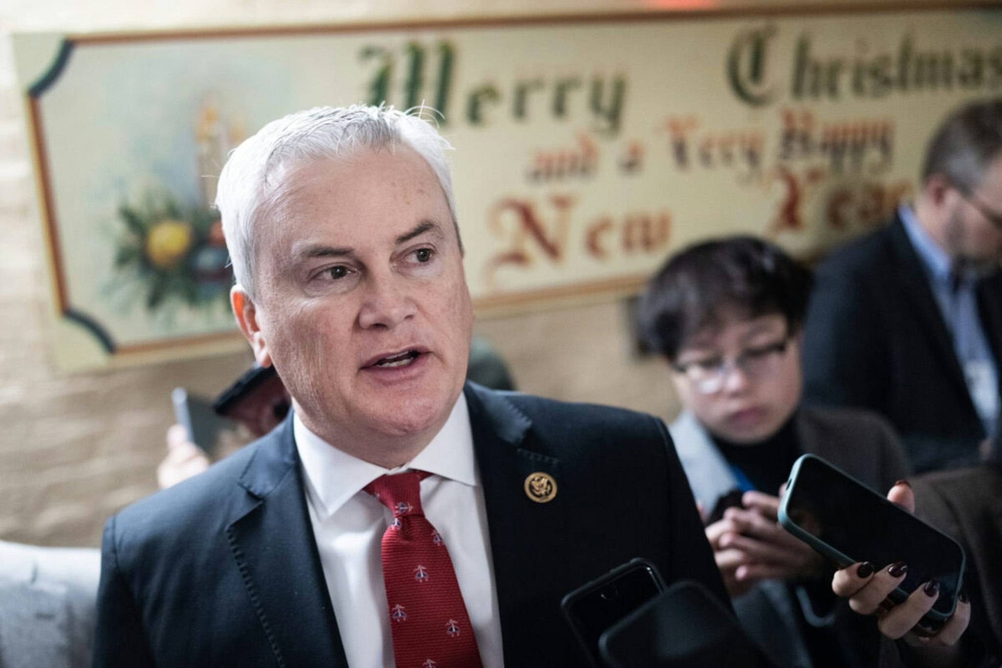 Rep. James Comer, R-Ky., talks with reporters in the U.S. Capitol before the House voted to expel Rep. George Santos, R-N.Y., from Congress on Friday, December 01, 2023.