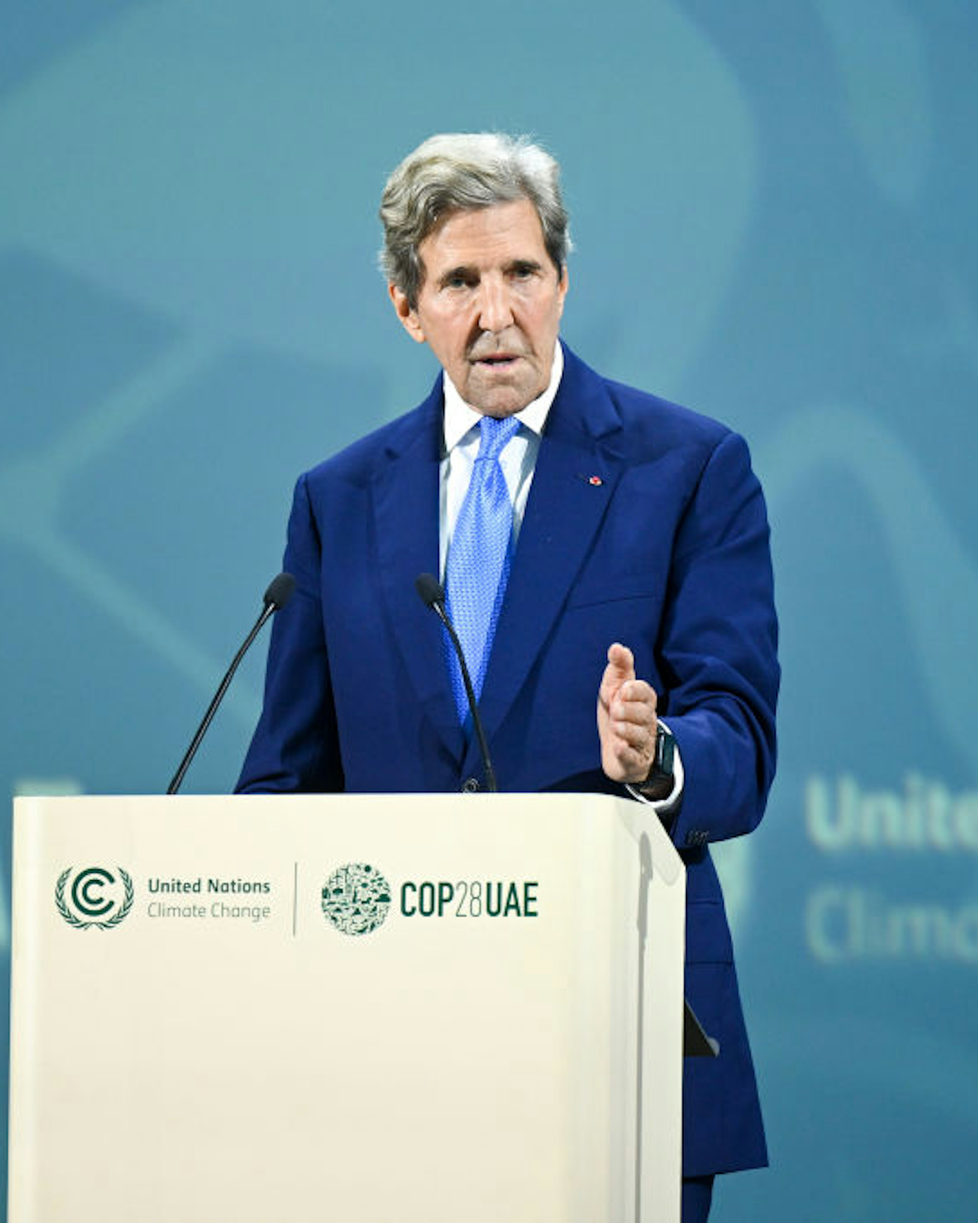 DUBAI, UNITED ARAB EMIRATES - DECEMBER 2: In this handout image supplied by COP28, John Kerry, US special presidential envoy for climate speaks during the Energy Session at Al Waha Theater during day two of the high-level segment of the UNFCCC COP28 Climate Conference at Expo City Dubai on December 2, 2023 in Dubai, United Arab Emirates. The COP28, which is running from November 30 through December 12, brings together stakeholders, including international heads of state and other leaders, scientists, environmentalists, indigenous peoples representatives, activists and others to discuss and agree on the implementation of global measures towards mitigating the effects of climate change. (Photo by Stuart Wilson / COP28 via Getty Images)