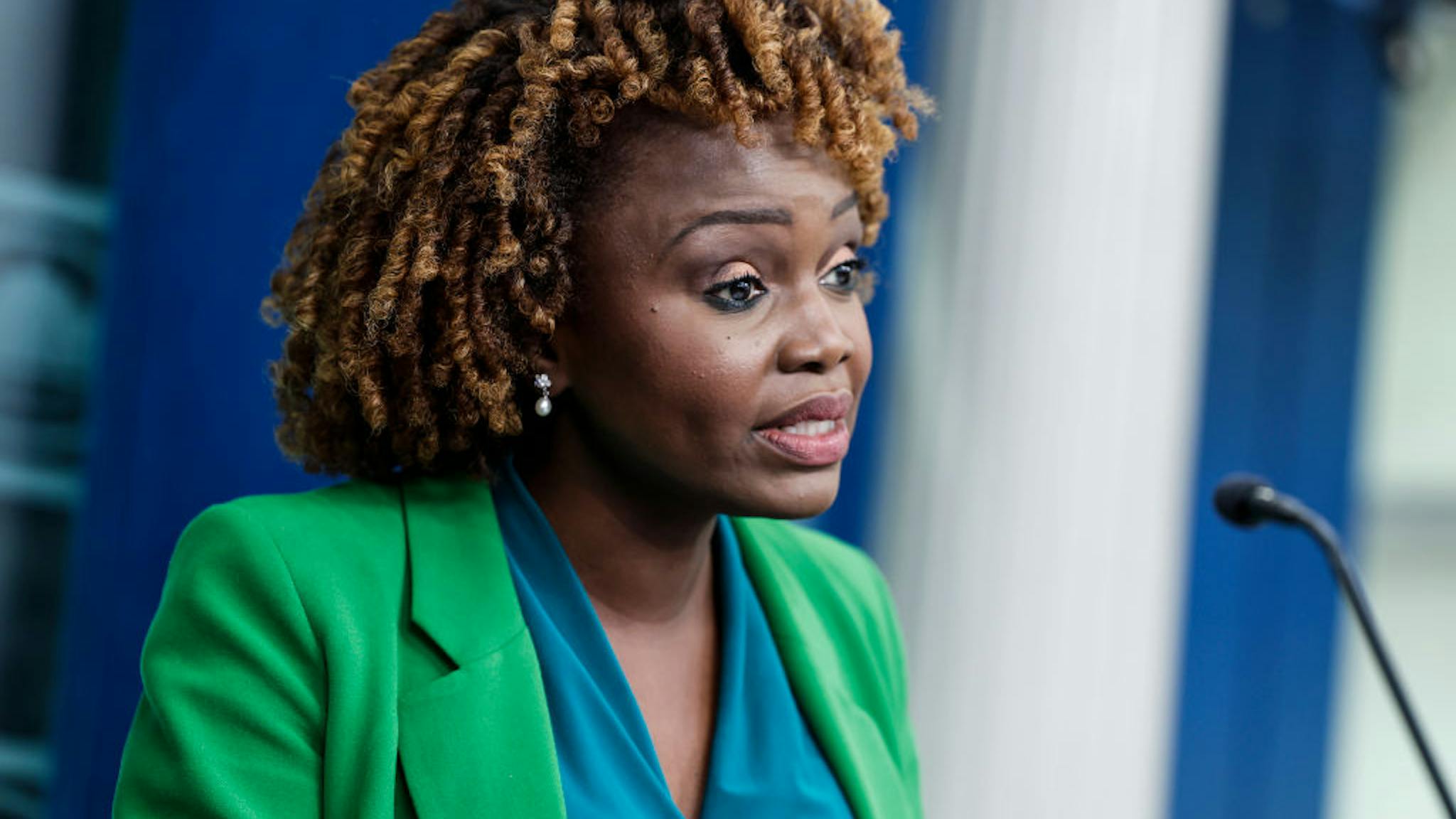 Media Briefing Held By Press Secretary Karine Jean-Pierre And National Security Advisor Sullivan WASHINGTON, DC - DECEMBER 04: White House press secretary Karine Jean-Pierre speaks during a news briefing at the White House on December 04, 2023 in Washington, DC. During the briefing Jean-Pierre spoke on a range of topics including the conflict between Israel and Hamas and U.S. President Joe Biden's administration's calls for Congress to pass further funding for Ukraine. (Photo by Anna Moneymaker/Getty Images)