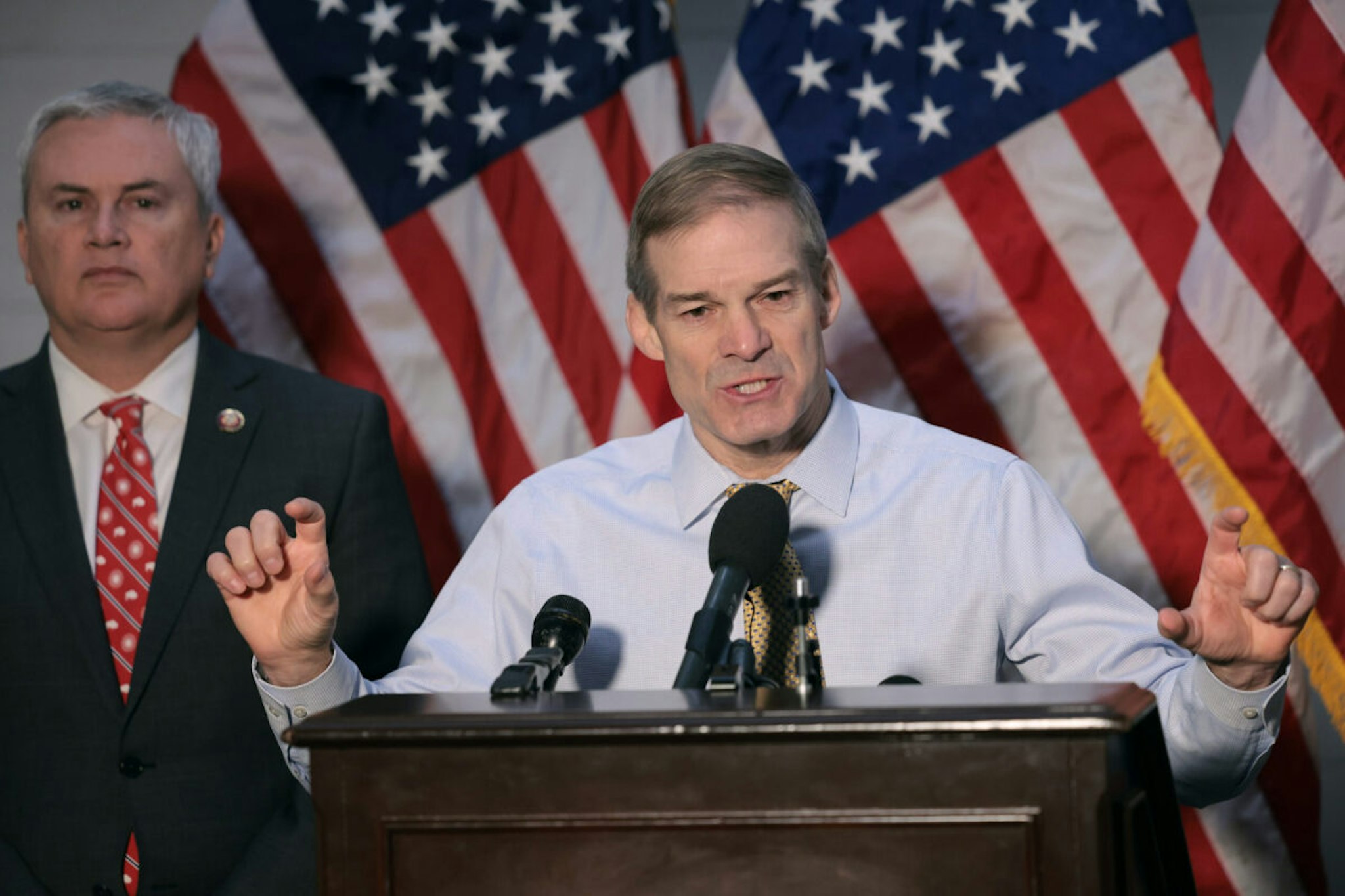 House Judiciary Committee Chairman Jim Jordan (R-OH) (R) and House Oversight Committee Chairman James Comer (R-KY) hold a news conference in the Longworth House Office Building on Capitol Hill on December 5, 2023 in Washington, DC.
