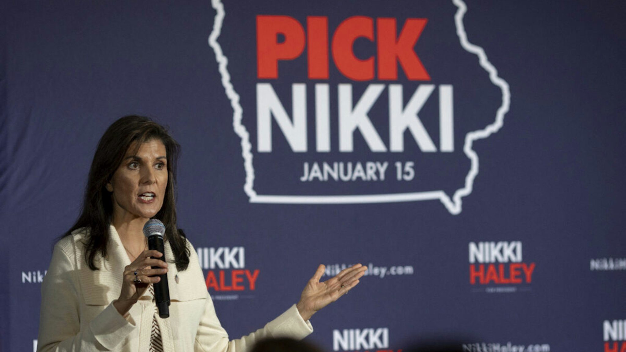 Former UN ambassador and 2024 Presidential hopeful Nikki Haley speaks to Iowa residents during a visit in Spirit Lake, Iowa, on December 9, 2023, ahead of the Iowa caucus.