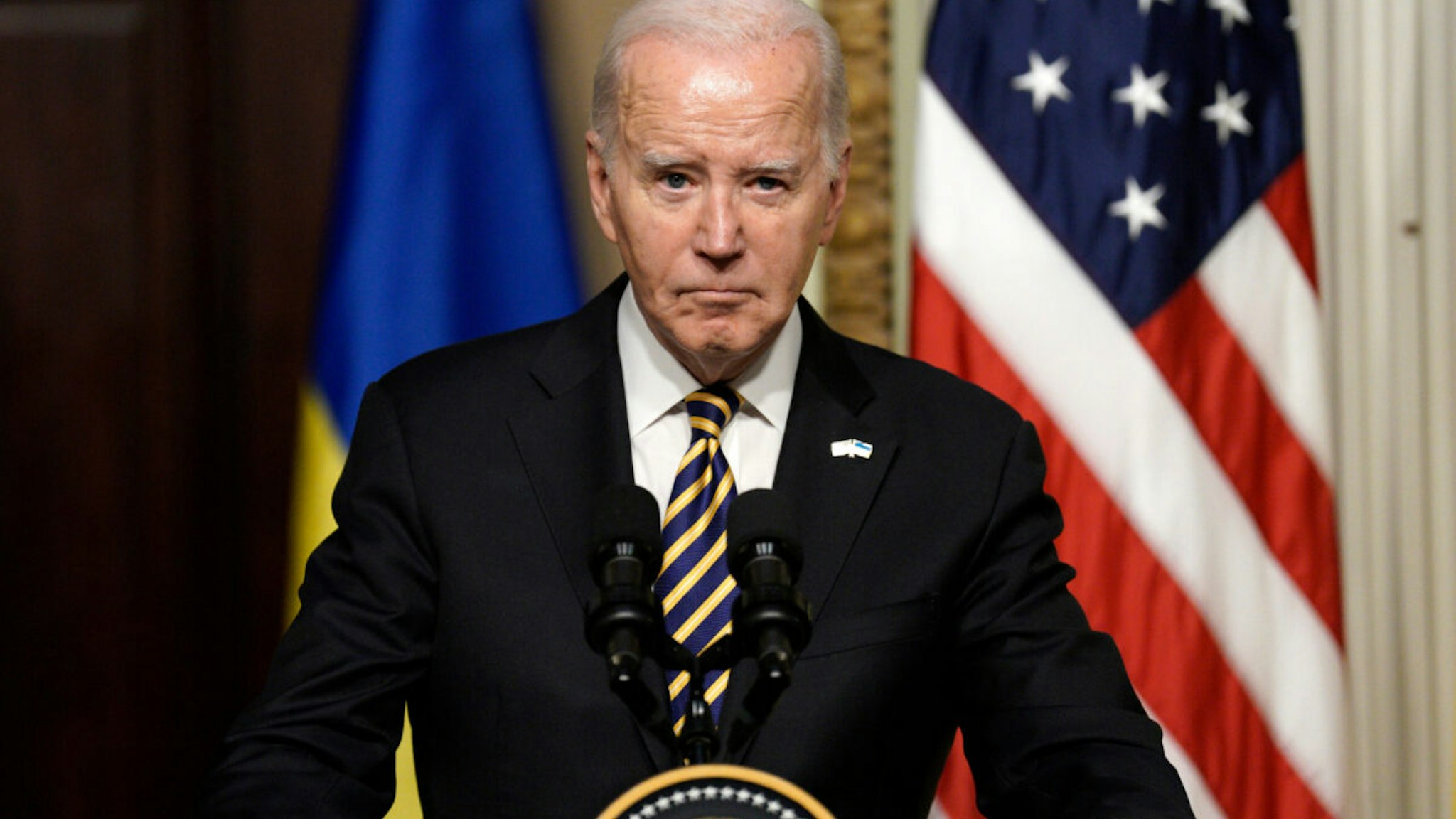 US President Joe Biden during a news conference with Volodymyr Zelenskiy, Ukraine's president, not pictured, in the Indian Treaty Room on the White House complex, in Washington, DC, US, on Tuesday, Dec. 12, 2023.