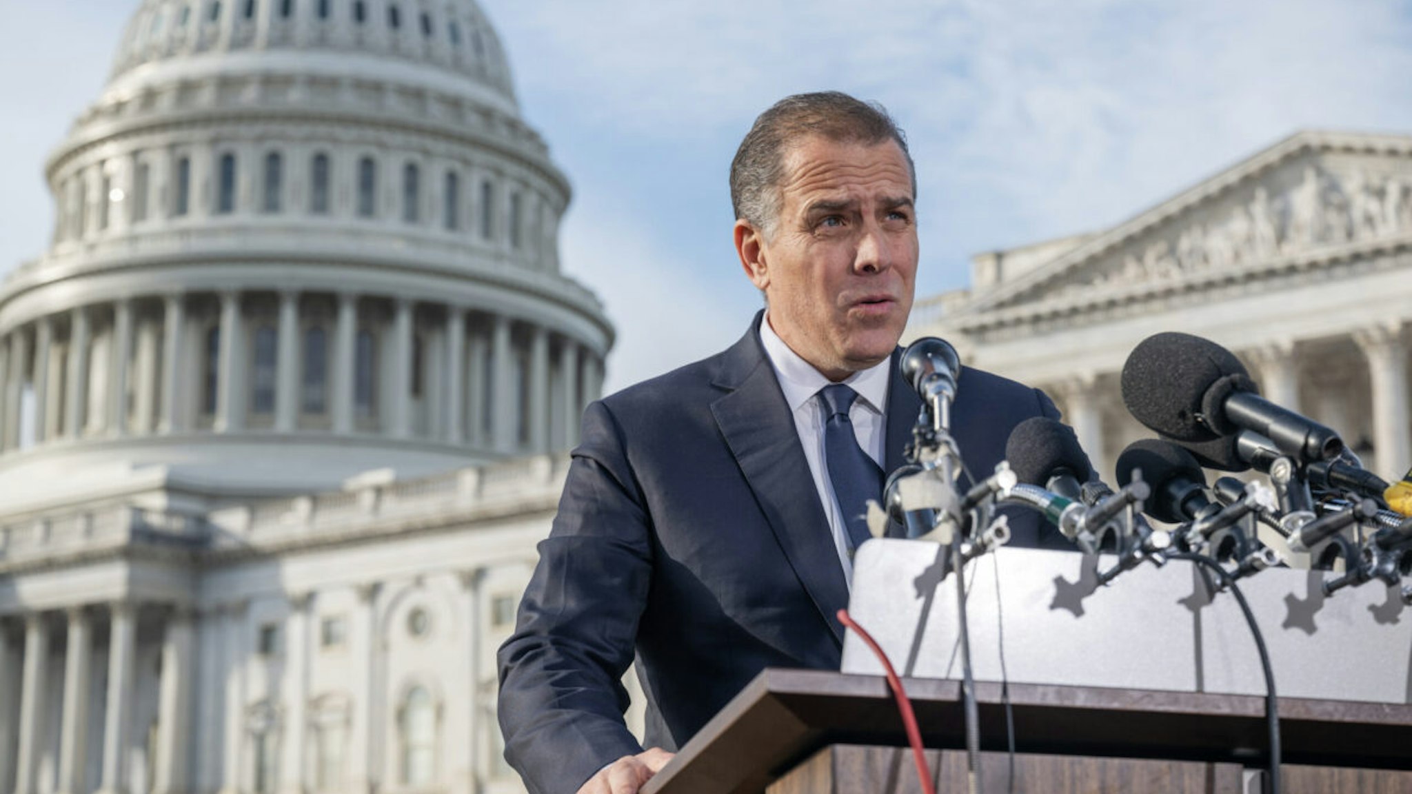 Hunter Biden gives a statement to media outlets regarding the House Oversight Committee investigation into his business interests outside of the U.S. Capitol in Washington, DC on December 13, 2023.