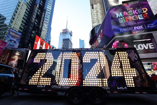 A view of the New Year's Eve '2024' Numerals, to be lit up at midnight on December 31, in New York's world-famous Times Square in United States on December 20, 2023.