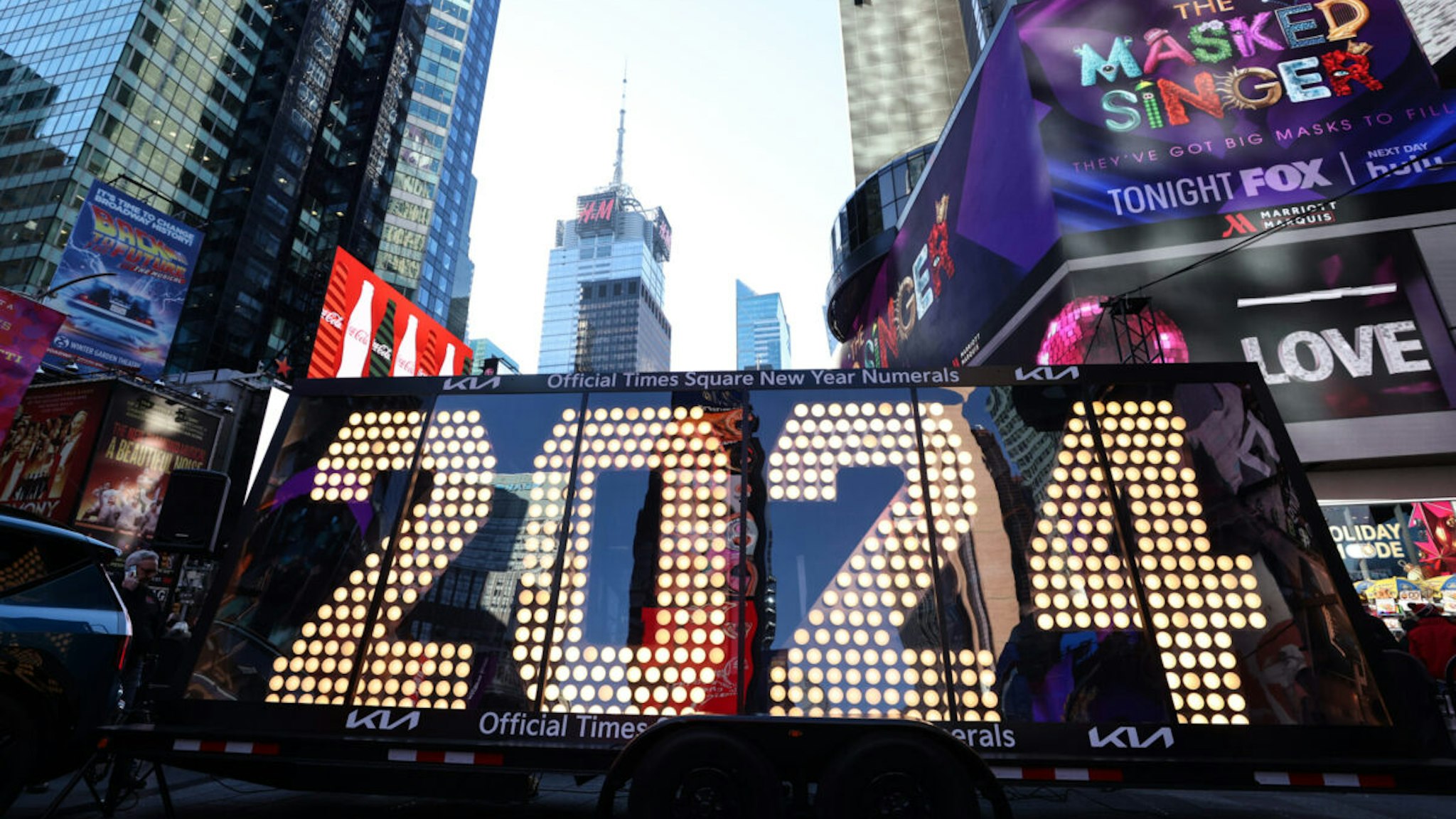 A view of the New Year's Eve '2024' Numerals, to be lit up at midnight on December 31, in New York's world-famous Times Square in United States on December 20, 2023.