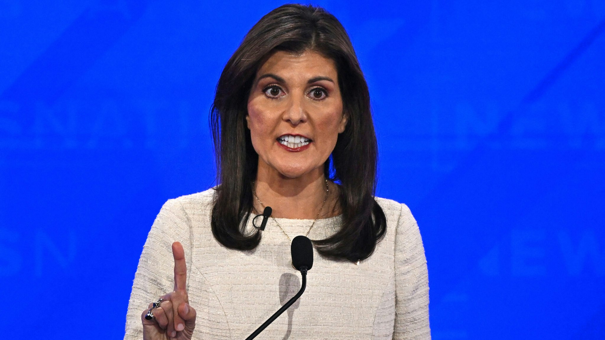 Former Governor from South Carolina and UN ambassador Nikki Haley gesturesa as she speaks during the fourth Republican presidential primary debate at the University of Alabama in Tuscaloosa, Alabama, on December 6, 2023.
