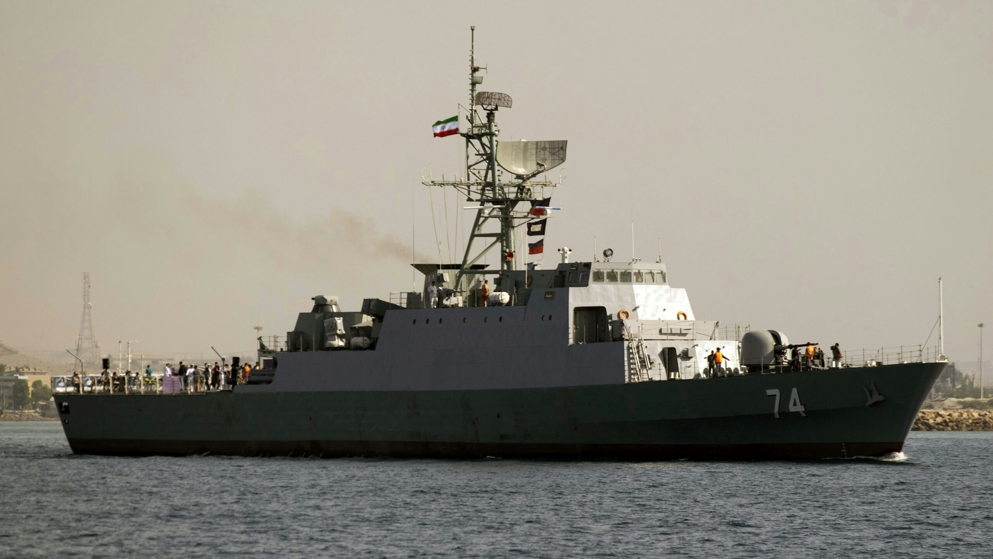 Iranian Navy Sahand warship sails along the Persian Gulf near the strait of Hormuz about 1320km (820 miles) south of Tehran, April 30, 2019.
