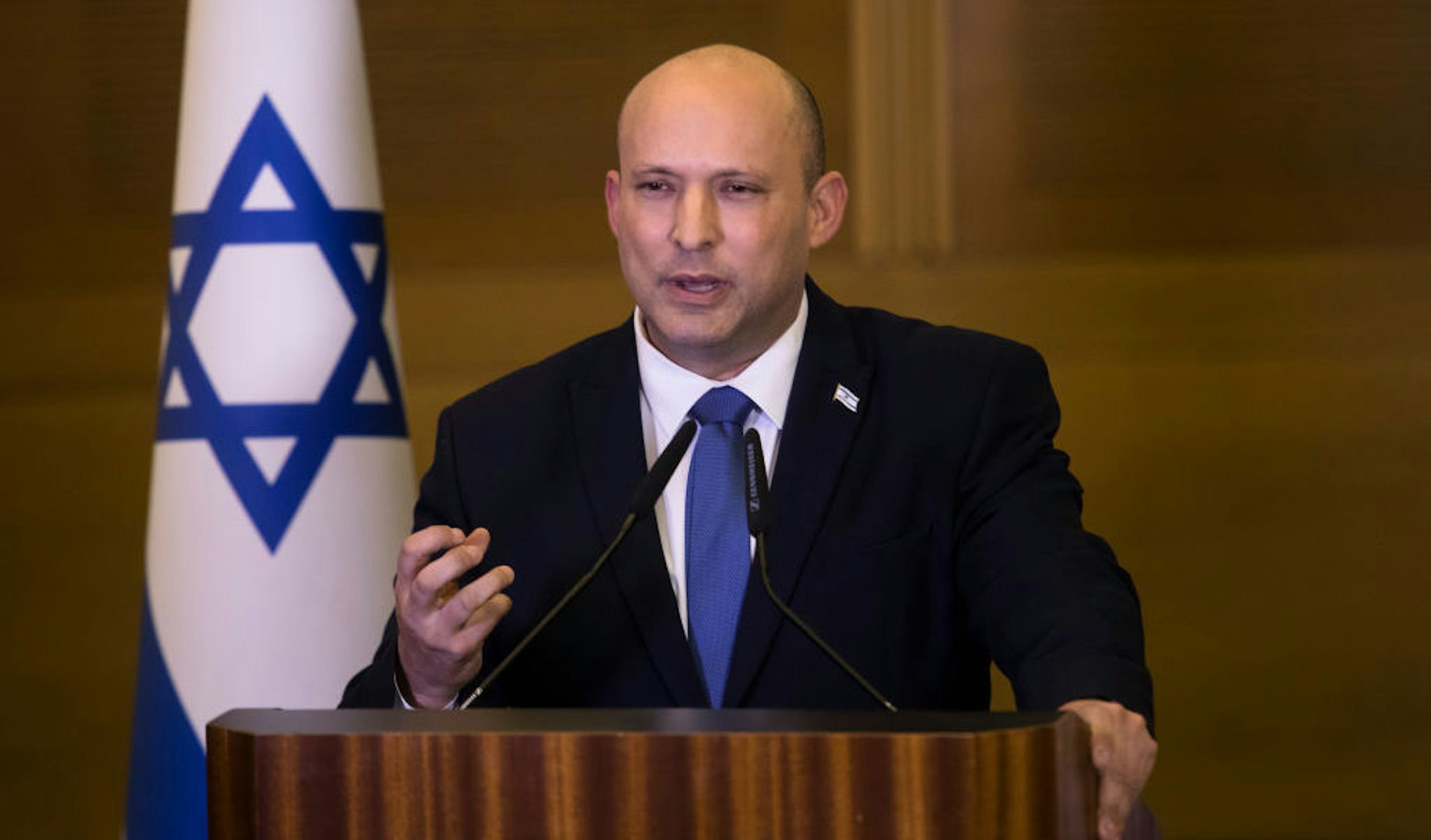 Israeli Prime Minister Naftali Bennett gives a statement to the press he will not take part in the coming general elections on June 29, 2022 in Jerusalem, Israel. (Photo by Amir Levy/Getty Images)
