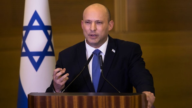 Israeli Prime Minister Naftali Bennett gives a statement to the press he will not take part in the coming general elections on June 29, 2022 in Jerusalem, Israel. (Photo by Amir Levy/Getty Images)
