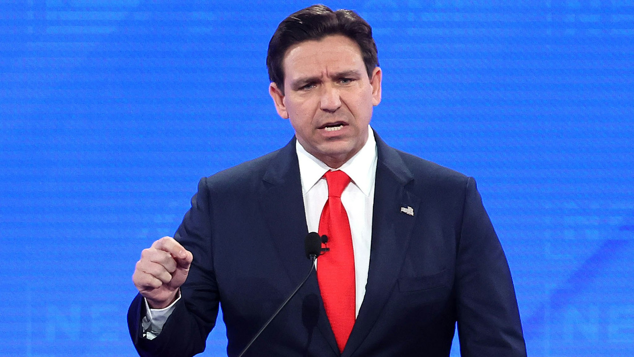 TUSCALOOSA, ALABAMA - DECEMBER 06: Republican presidential candidate Florida Gov. Ron DeSantis participates in the NewsNation Republican Presidential Primary Debate at the University of Alabama Moody Music Hall on December 6, 2023 in Tuscaloosa, Alabama. The four presidential hopefuls squared off during the fourth Republican primary debate without current frontrunner and former U.S. President Donald Trump, who has declined to participate in any of the previous debates.