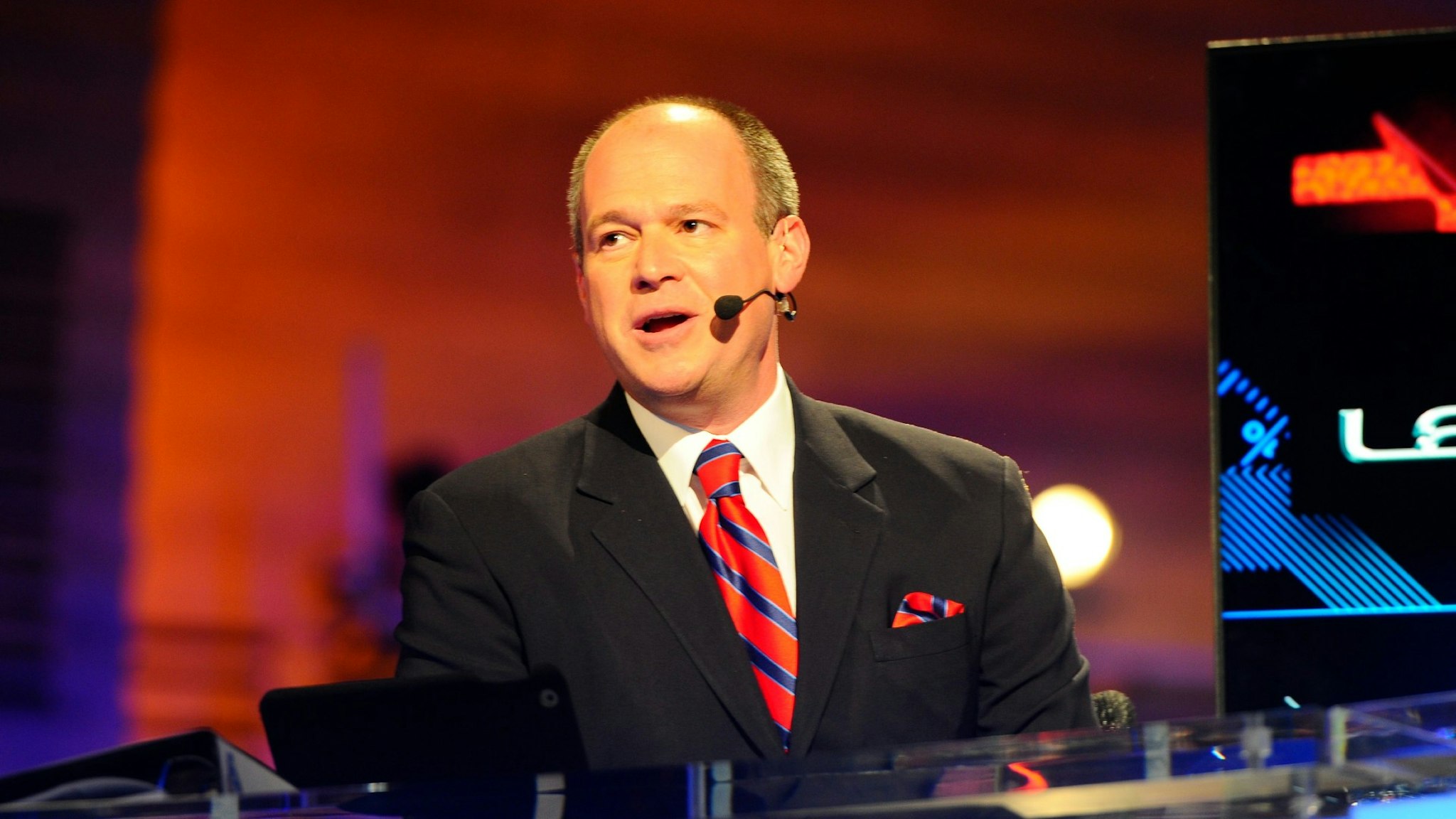 Rich Eisen of the NFL Network broadcasts prior to the start of the first round of the NFL Draft at Radio City Music Hall in Manhattan, NY.