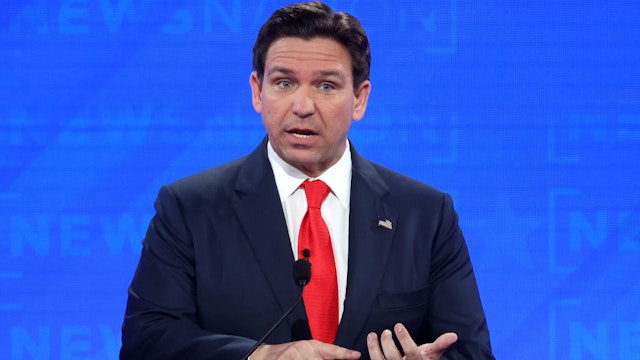 TUSCALOOSA, ALABAMA - DECEMBER 06: Republican presidential candidate Florida Gov. Ron DeSantis participates in the NewsNation Republican Presidential Primary Debate at the University of Alabama Moody Music Hall on December 6, 2023 in Tuscaloosa, Alabama. The four presidential hopefuls squared off during the fourth Republican primary debate without current frontrunner and former U.S. President Donald Trump, who has declined to participate in any of the previous debates. (Photo by Justin Sullivan/Getty Images)