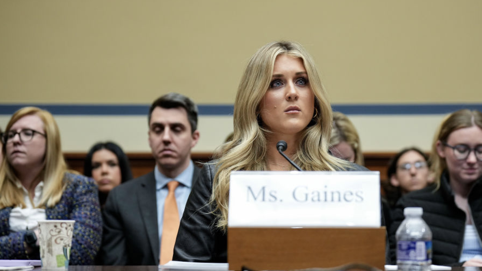 Former collegiate swimmer Riley Gaines testifies during a House Oversight Subcommittee on Health Care and Financial Services hearing on Capitol Hill December 5, 2023 in Washington, DC.