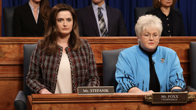 "Adam Driver, Olivia Rodrigo" Episode 1851 -- Pictured: (l-r) Chloe Troast as Rep. Elise Stefanik and Molly Kearney as Rep. Virginia Foxx during the "College Presidents" Cold Open on Saturday, December 9, 2023