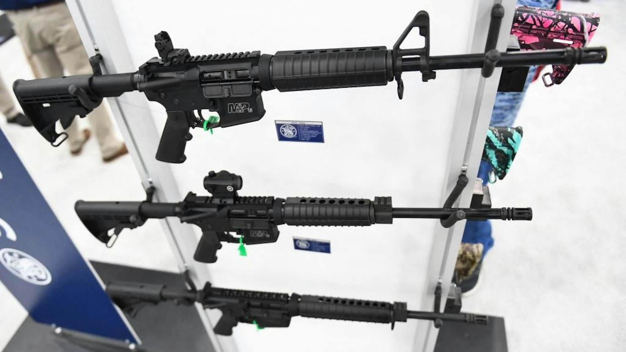 Smith & Wesson M&P-15 semi-automatic rifles of the AR-15 style are displayed during the National Rifle Association (NRA) annual meeting at the George R. Brown Convention Center, in Houston, Texas on May 28, 2022. (Photo by PATRICK T. FALLON/AFP via Getty Images)