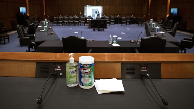 UNITED STATES - OCTOBER 9: Hart Senate Office Building Room 216 is set up for the confirmation hearing of Supreme Court justice nominee Amy Coney Barrett before Mondays Senate Judiciary Committee at the Capitol in Washington on Friday, Oct. 9, 2020.