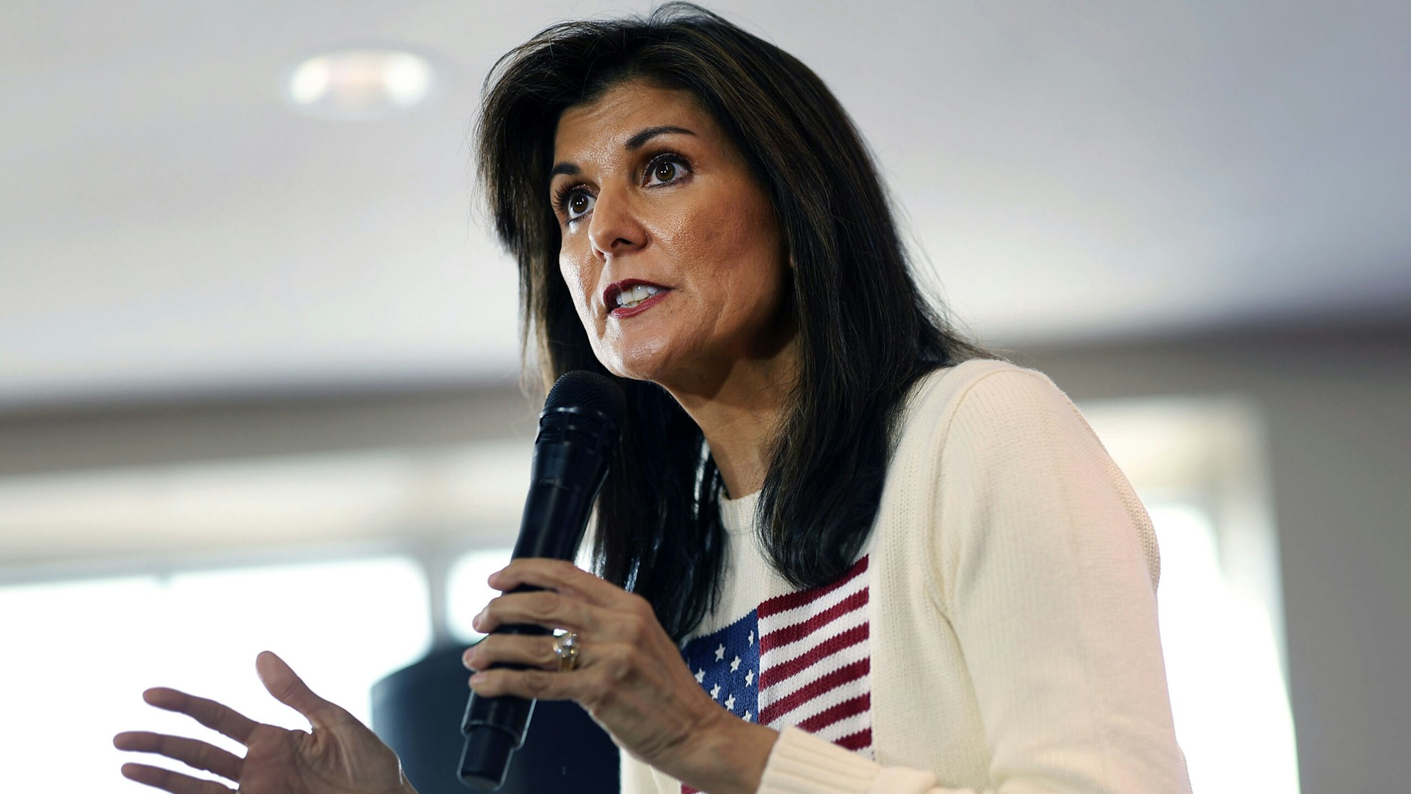 NEVADA, IOWA - DECEMBER 18: Republican presidential candidate former U.N. Ambassador Nikki Haley addresses the crowd during a campaign stop at the Nevada Fairgrounds community building on December 18, 2023 in Nevada, Iowa. Iowa Republicans will be the first to select their party's nominee for the 2024 presidential race when they go to caucus on January 15, 2024.