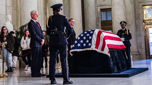 The casket of late Supreme Court Justice Sandra Day O'Connor lies in repose in the Great Hall of the US Supreme Court in Washington, DC, US, on Monday, Dec. 18, 2023. O'Connor, who became the decisive vote on abortion, religion, race and other hot-button social issues during a history-making tenure as the first woman on the US Supreme Court, died on December 1 at the age of 93.
