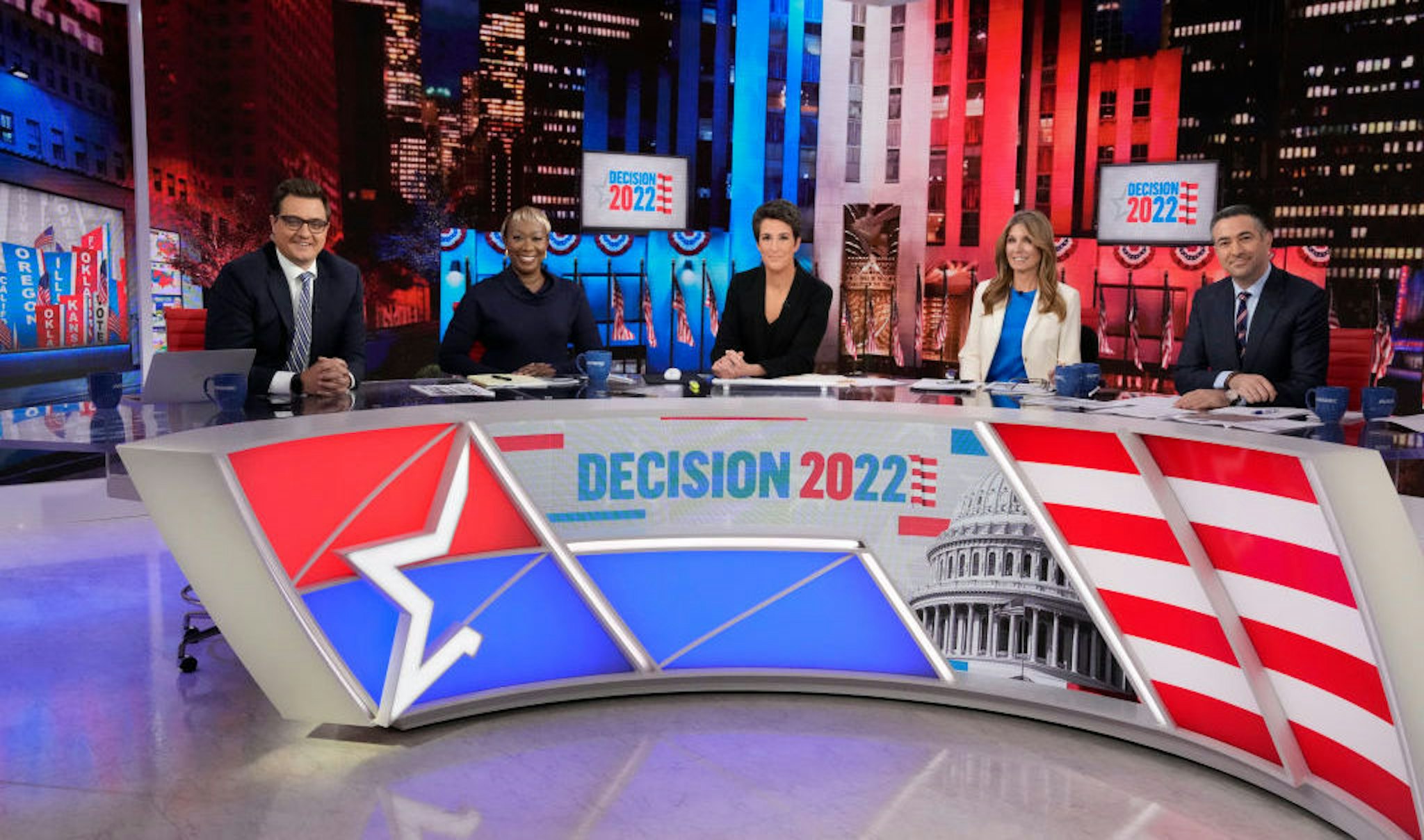 2022 MSNBC ELECTION COVERAGE -- 2022 Midterms Election Coverage -- Pictured: (l-r) Chris Hayes, Joy Reid, Rachel Maddow, Nicolle Wallace, Ari Melber in Studio 3A at Rockefeller Center on Tuesday, November 8, 2022 -- (Photo by: Virginia Sherwood/MSNBC via Getty Images)