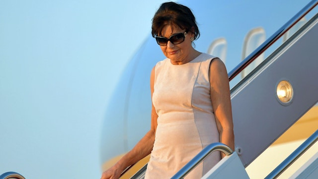 Amalija Knavs, the mother of US First Lady Melania Trump, steps off Air Force One upon arrival at Andrews Air Force Base in Maryland, on June 11, 2017. - Knavs arrived in Washington with US President Donald Trump who spent the weekend at his Bedminster, New Jersey golf club.