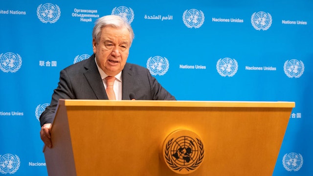 NEW YORK, NY - JANUARY 15: United Nations Secretary-General Antonio Guterres attends a press briefing on the situation in the Middle East at the UN headquarters on January 15, 2024 in New York City. (Photo by Wang Fan/China News Service/VCG via Getty Images)