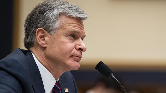 Christopher Wray, director of the Federal Bureau of Investigation (FBI), during a House Judiciary Committee hearing in Washington, DC, US, on Wednesday, July 12, 2023. Wray is testifying before the committee amid calls by some hardline conservatives for his ouster.