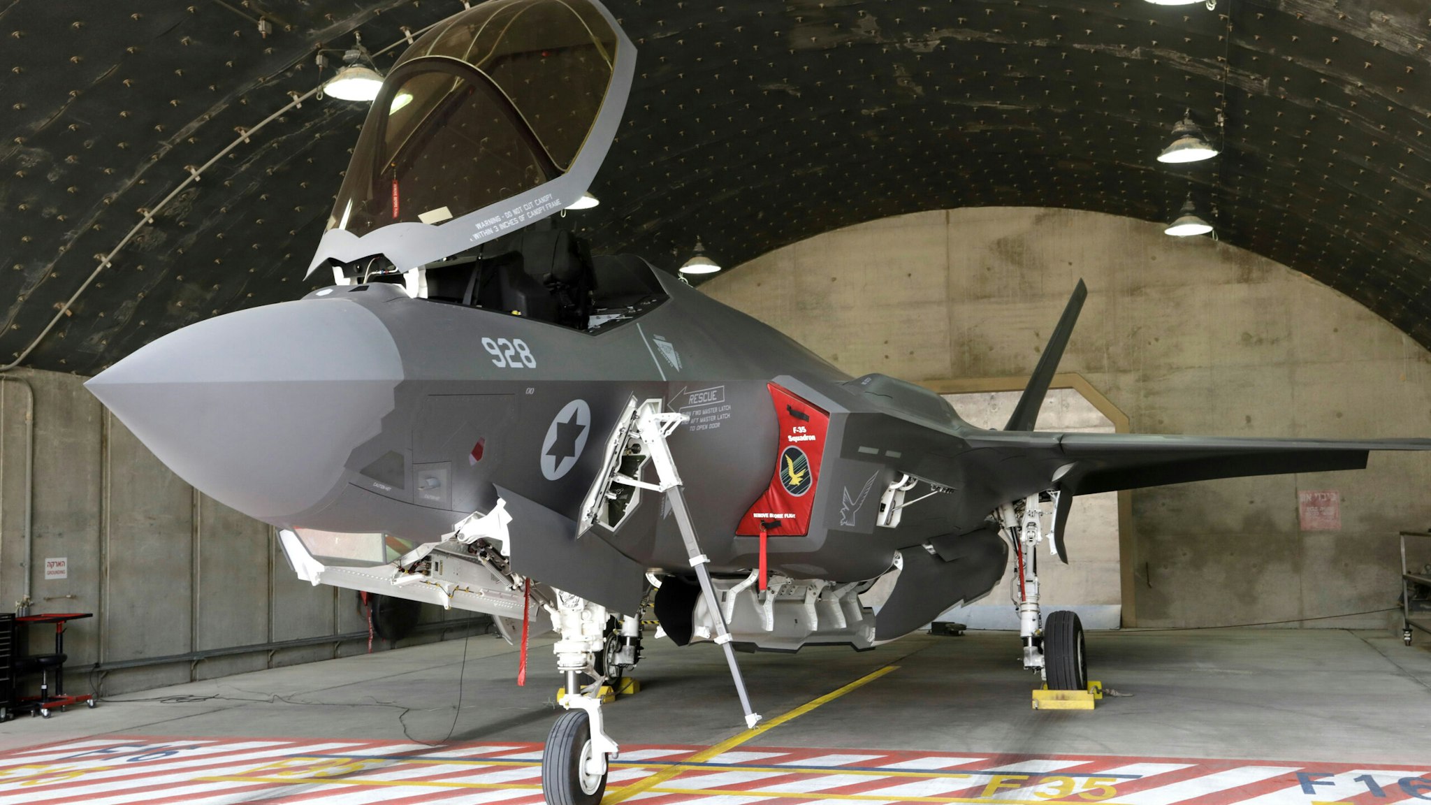 An Israeli F-35 fighter jet is seen in a hangar during the "Blue Flag" multinational aerial exercise at the Ovda air force base, north of the Israeli city of Eilat, on November 11, 2019.