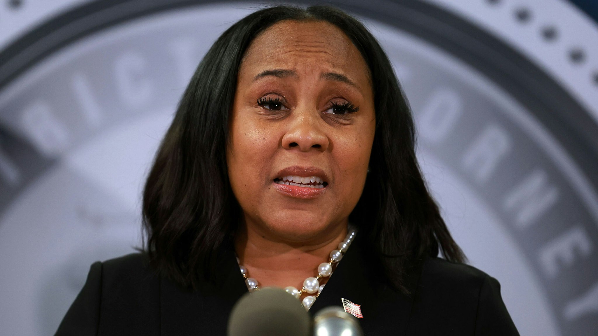 ATLANTA, GEORGIA - AUGUST 14: Fulton County District Attorney Fani Willis speaks during a news conference at the Fulton County Government building on August 14, 2023 in Atlanta, Georgia. A grand jury today handed up an indictment naming former President Donald Trump and his Republican allies over an alleged attempt to overturn the 2020 election results in the state.