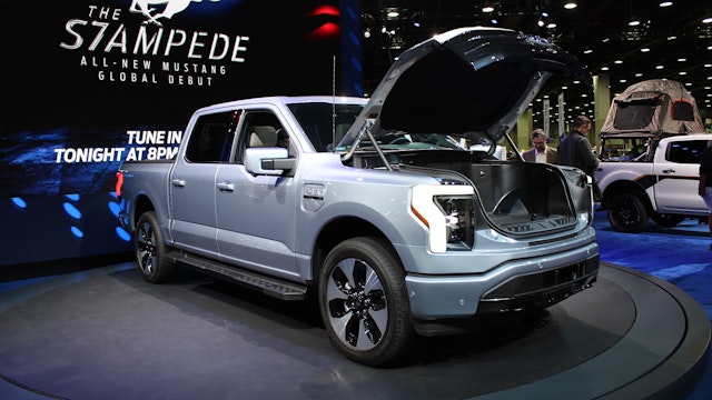 A Ford F-150 Lightning electric truck is on display at the 2022 North American International Auto Show NAIAS in Detroit, the United States, on Sept. 14, 2022. After a two-year hiatus as a result of the COVID-19 pandemic, the 2022 North American International Auto Show NAIAS, also called Detroit Auto Show, started Wednesday, with North American Car, Truck and SUV of the Year NACTOY semifinalists for 2023 announced.