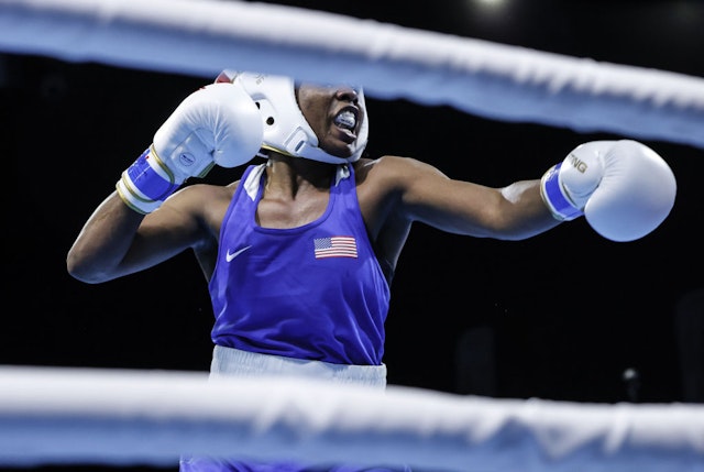 Leonia Mueller (red) of Germany competes with Morelle McCane (blue) of USA during women's 70kg qualifying match of the International Boxing Association (IBA) Women's World Boxing Championships 2022 in Istanbul, Turkiye on May 09, 2022.