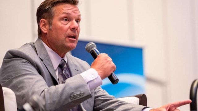 Former Kansas Secretary of State Kris Kobach answers questions from a moderator during a Kansas Chamber of Commerce event at the Embassy Suites by Hilton on Wednesday, Sep. 7, 2022, in Olathe.