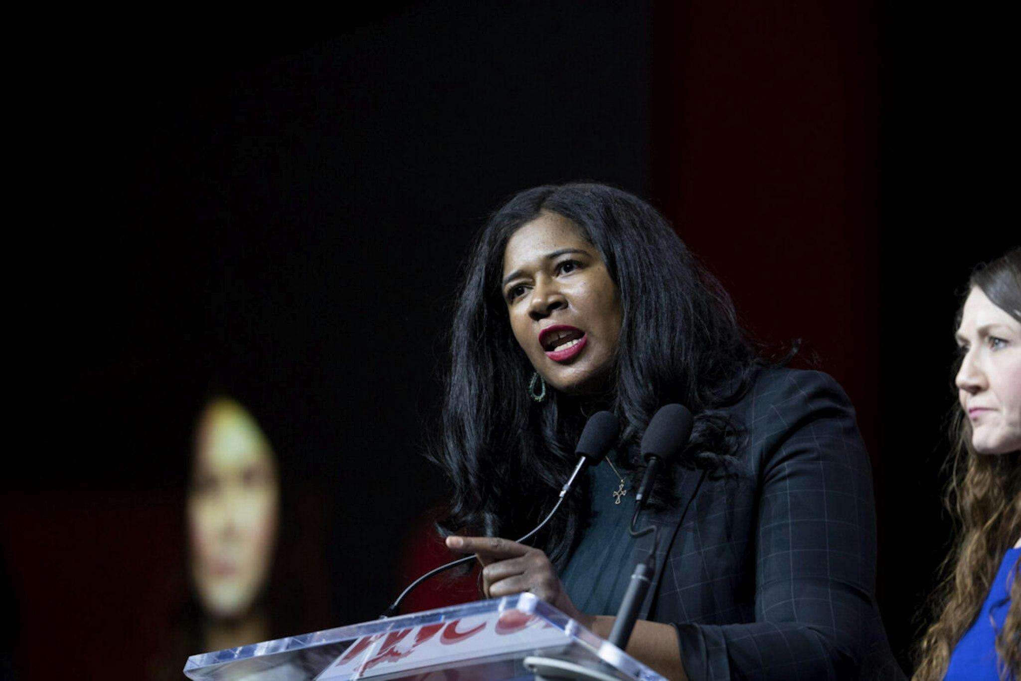 Lansing, MI - February 18: Kristina Karamo addresses the delegates before they vote for Michigan Republican Party Chair at the Michigan Republican Convention in Lansing, Michigan, on Saturday, February 18, 2023. Karamo won in the third round of voting.