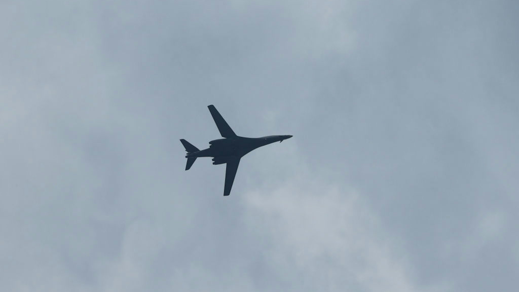 SARAJEVO, BOSNIA AND HERZEGOVINA - MAY 30: B-1B Lancer heavy-bomber aircraft of United States Air Force conducts a low altitude flight over Sarajevo, Bosnia and Herzegovina on May 30, 2023. Flight performed as a sign of the strong partnership between the two countries.