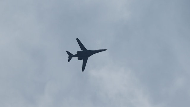 SARAJEVO, BOSNIA AND HERZEGOVINA - MAY 30: B-1B Lancer heavy-bomber aircraft of United States Air Force conducts a low altitude flight over Sarajevo, Bosnia and Herzegovina on May 30, 2023. Flight performed as a sign of the strong partnership between the two countries.
