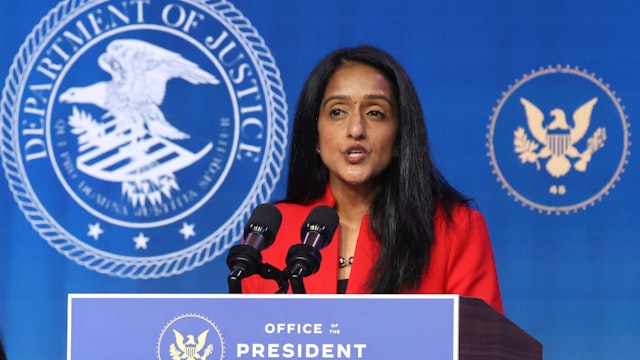 WILMINGTON, DELAWARE - JANUARY 07: Vanita Gupta delivers remarks after being nominated to be U.S. associate attorney general by President-elect Joe Biden at The Queen theater January 07, 2021 in Wilmington, Delaware. From 2014 to 2017 Gupta served as the head of the Justice Department’s Civil Rights Division during the Obama Administration.