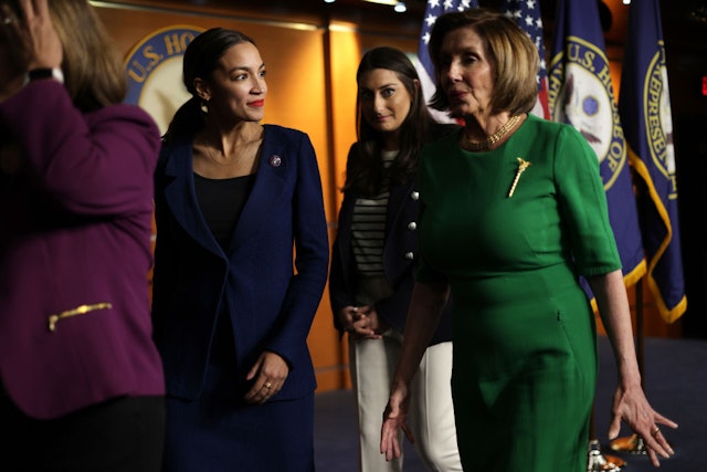 WASHINGTON, DC - JUNE 16: (L-R) U.S. Rep. Alexandria Ocasio-Cortez (D-NY), Rep. Sara Jacobs(D-CA) and Speaker of the House Rep. Nancy Pelosi (D-CA) leave after a news conference at the U.S. Capitol June 16, 2021 in Washington, DC. Speaker Pelosi held a news conference to announce members of the newly established Select Committee on Economic Disparity and Fairness in Growth.