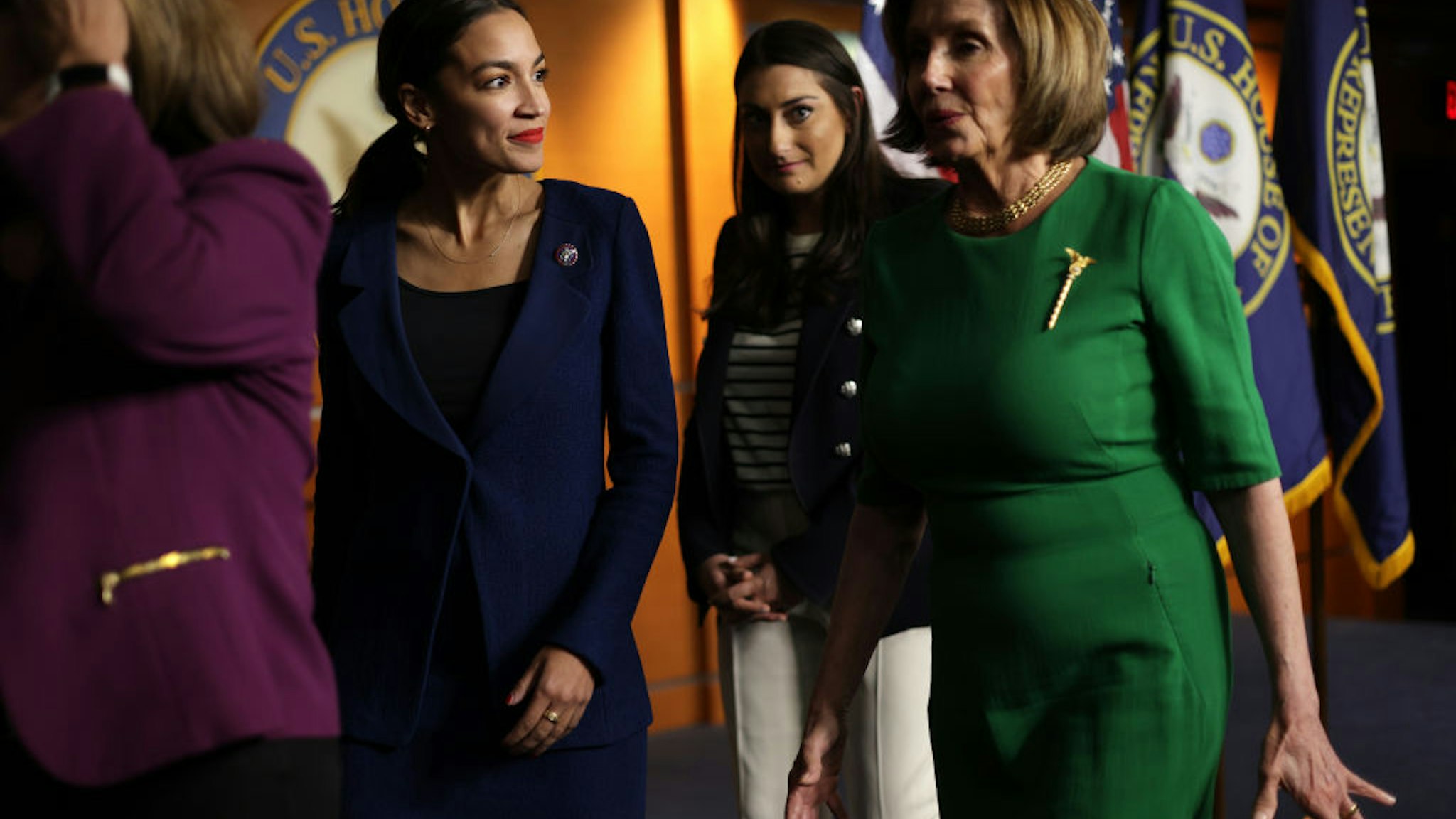 WASHINGTON, DC - JUNE 16: (L-R) U.S. Rep. Alexandria Ocasio-Cortez (D-NY), Rep. Sara Jacobs(D-CA) and Speaker of the House Rep. Nancy Pelosi (D-CA) leave after a news conference at the U.S. Capitol June 16, 2021 in Washington, DC. Speaker Pelosi held a news conference to announce members of the newly established Select Committee on Economic Disparity and Fairness in Growth.