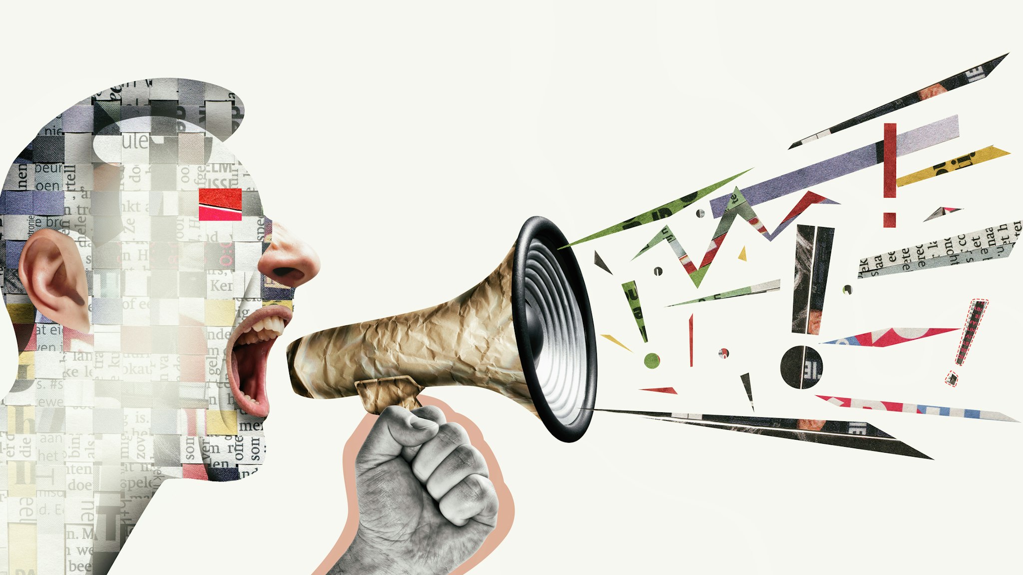 Speaker with megaphone in his hand. Art collage. Concept of communication. SvetaZ. Getty Images.