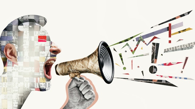 Speaker with megaphone in his hand. Art collage. Concept of communication. SvetaZ. Getty Images.