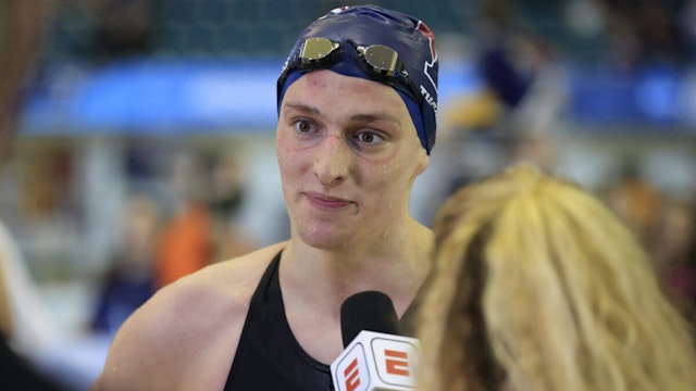 ATLANTA, GEORGIA - MARCH 17: Transgender woman Lia Thomas of the University of Pennsylvania talks to a reporter after winning the 500-yard freestyle at the NCAA Division I Women's Swimming &amp; Diving Championshipon March 17, 2022 in Atlanta, Georgia.