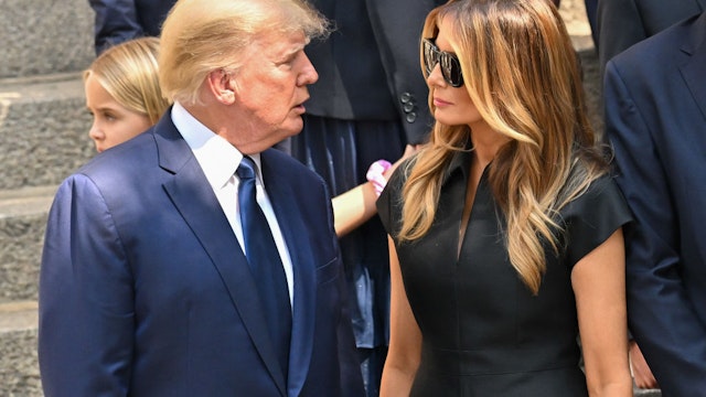 NEW YORK, NEW YORK - JULY 20: Former U.S. President Donald Trump and former U.S. First Lady Melania Trump are seen at the funeral of Ivana Trump on July 20, 2022 in New York City. (Photo by James Devaney/GC Images)
