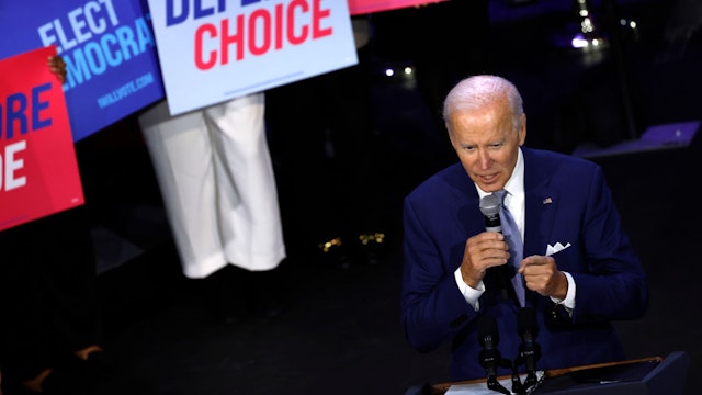 WASHINGTON, DC - OCTOBER 18: U.S. President Joe Biden speaks at a Democratic National Committee event at the Howard Theatre on October 18, 2022 in Washington, DC. With three weeks until election day, in his remarks Biden highlighted issues pertaining to women’s reproductive health and promised to codify access to abortion. (Photo by Anna Moneymaker/Getty Images)