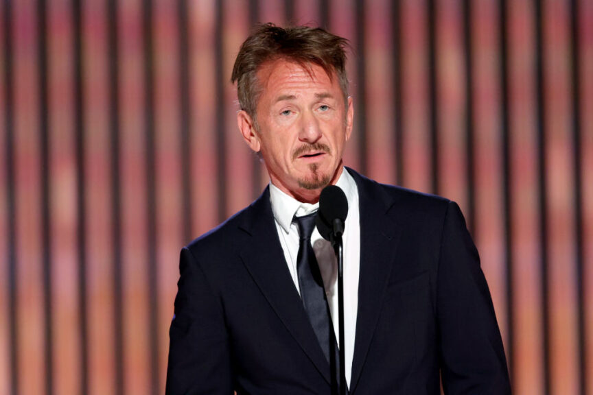 BEVERLY HILLS, CALIFORNIA - JANUARY 10: 80th Annual GOLDEN GLOBE AWARDS -- Pictured: Sean Penn speaks onstage at the 80th Annual Golden Globe Awards held at the Beverly Hilton Hotel on January 10, 2023 in Beverly Hills, California. -- (Photo by Rich Polk/NBC via Getty Images)